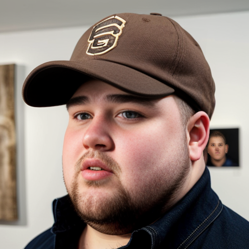 28 Year old Fat Guy with a big nose and has medium sized curly blonde hair and is wearing a plain brown cap