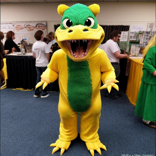 garney the a fattest an green color a dinosaur + yellow color an belly & yellow color an spike + White color an Toen-Nails + Green color an tailed with a 8 an Circle a Yellow color an sided a views the a tailed + Green color an headed with a yellow color an spiked a spined an big an headed an costume mascote in realistic photography the a physics an video a style and 2015-2026 an children the a dinosaur an fictional a style