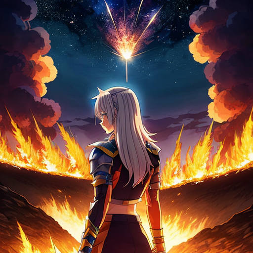 young, tall, white-haired woman in armor stands in front of a burning castle into which meteorites are falling.