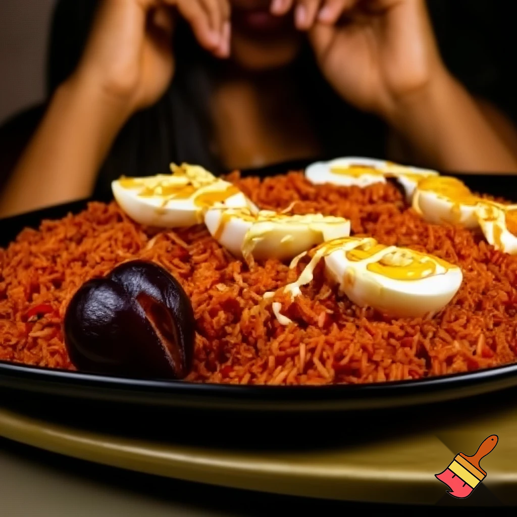 heaping plate of jollof rice sat steaming, its grains soaked in deep red pepper sauce and glistening with oil. Sliced boiled eggs were tucked into the rice, their pale centers soaking up the heat, while streaks of mayonnaise melted softly into the warmth, turning creamy and sharp at the same time. The pepper hit first—bold, smoky, and fiery—followed by the rich tomato base and the comforting heaviness of the rice. Every bite felt loud and confident, the kind of food that doesn’t apologize for its strength.

Beside it, an African plum lay dark and glossy, split open and stubbornly bitter, a strange companion to the richness of the jollof. The mother ate slowly, her face twisted with open disgust. She chewed as if offended by every mouthful, lips pressed tight, eyes narrowed, as though the flavors had personally wronged her. She pushed the food around the plate, sighing between bites, eating not for pleasure but out of duty, clearly unimpressed by the fiery rice and its creamy, peppery chaos.