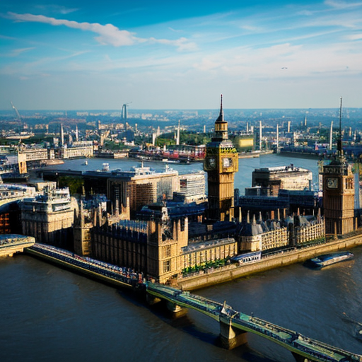 Aerial view of British and English city of London with Palace of Westminster, Big Ben, River Thames, sci-fi futuristic buildings, sci-fi futuristic skyscrapers and blue sky in 2625.