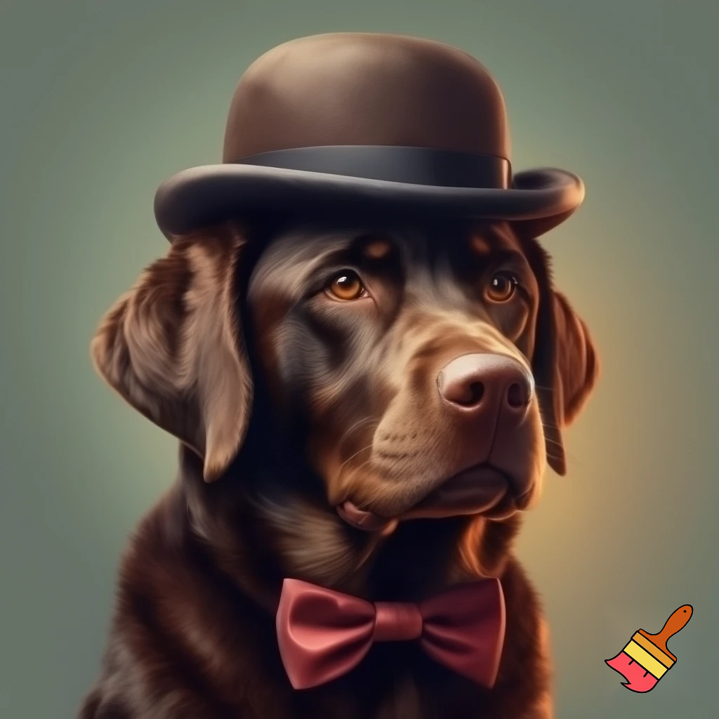 an image of a chocolate lab wearing a bowler hat with a bow tie
