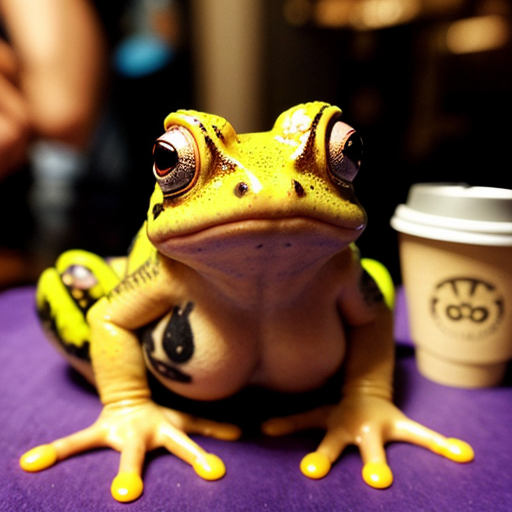 A hillarious, funny boho toad with some hippie colored coffee cups. Psychedelic decorated background, hyperrealistic. Close-up view.