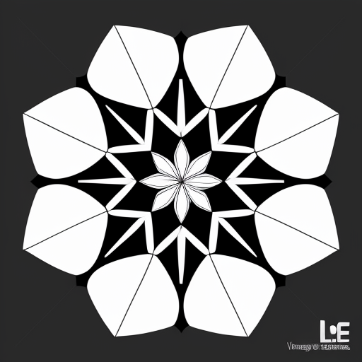 Six-sided crystalline snowflake line drawing with fractal geometry in b&w