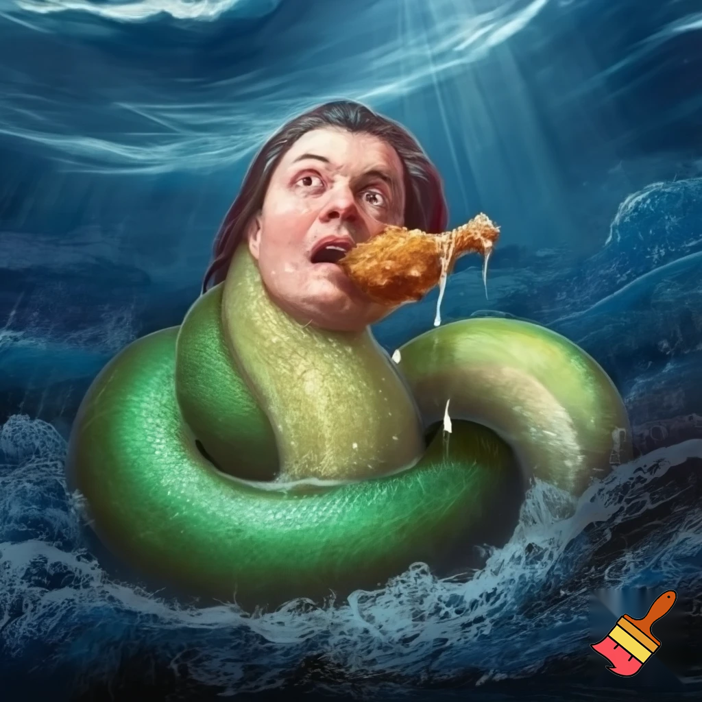 fat snake with human head in the ocean eating KFC