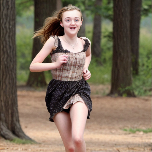 Dakota Fanning, young actress, her dress is torn, she is running through a wood, her breast is exposed