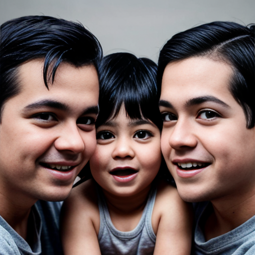 Generate a family photo of 2year old year old triplet boys with black hair make sure they have black hair mexican
