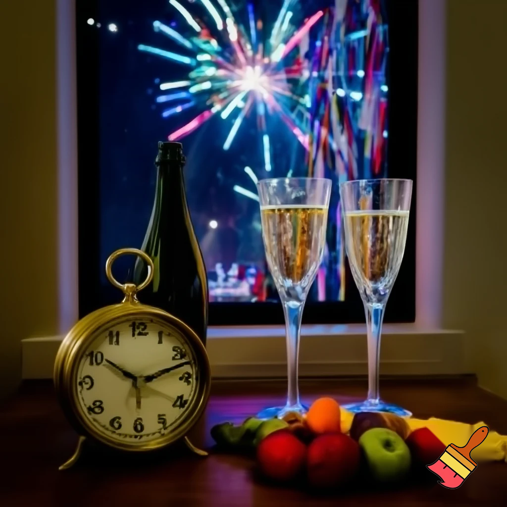 on the table there are two glasses of champagne, a bottle, hanging colorful paper streamers, snacks and fruit, next to it there is an old clock, the hands of the clock are at 12 o'clock, in the background there is a window and fireworks outside the window