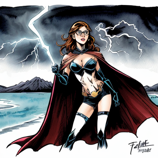 PAGE 1, PANEL 1 SUPERHERO INTRODUCTION:
"Anime superhero girl with long dark reddish-brown hair, round glasses, warm brown skin tone, fierce determined expression like Tanjiro, wearing a flowing dark cape or coat, dramatic powerful stance, glowing aura around body, stormy sky with lightning behind her, Demon Slayer anime art style, black and white manga ink drawing, high contrast, bold lines, vintage comic aesthetic