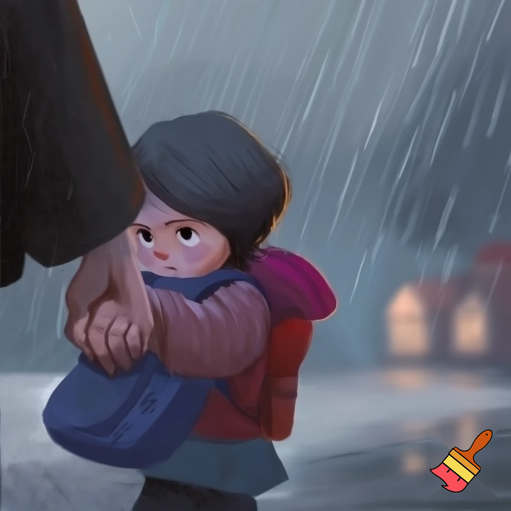 Un copil de mânuța cu mama, cum merge la școală fără chef, pe ploaie și pe vânt.