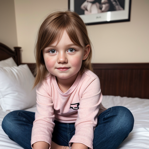 auburn little girl, sitting on bed, on the bedroom, close up