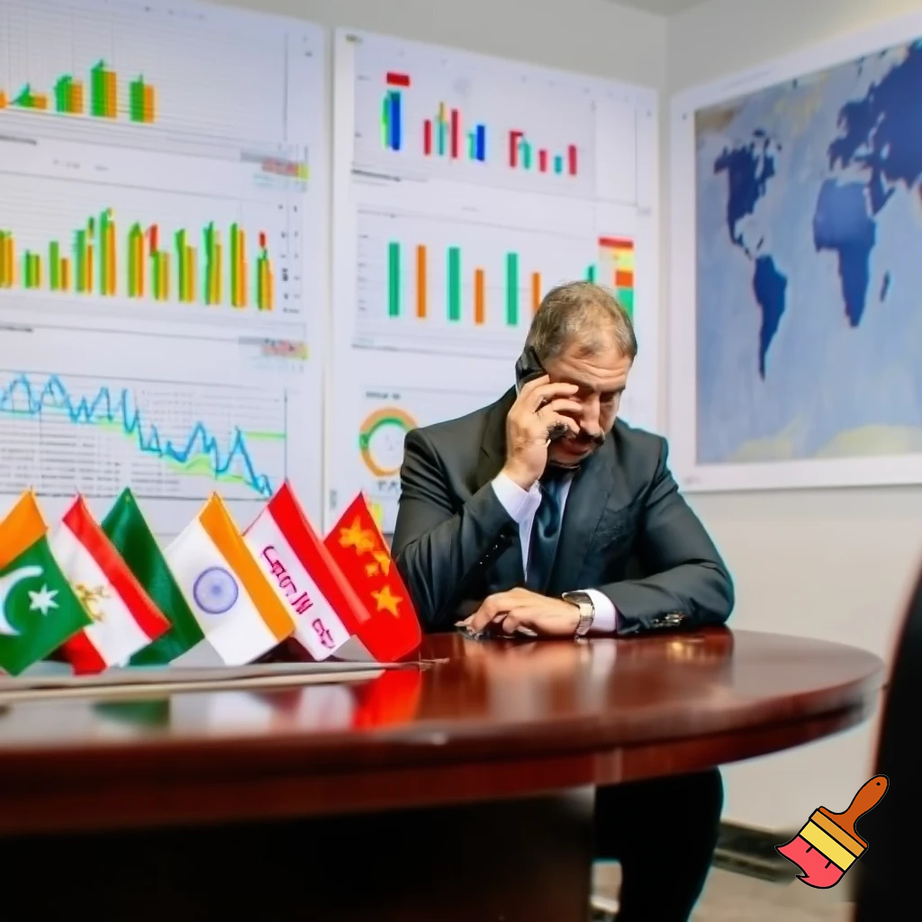 In a business room, a businessman in a suit is sitting at a table and talking on the phone. On the table are flags of Iraq, Afghanistan, China, India, Turkey, Tajikistan, Pakistan. On the wall of the room are boards with sales charts. On the wall is a large board with a world map.