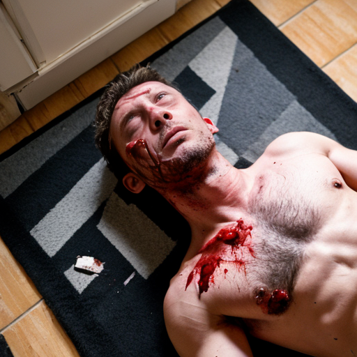 A shirtless random man (neighbor), face are hiding by shirt, died already, chest open wounded, blood everywhere, eye closed, floor on corpse.