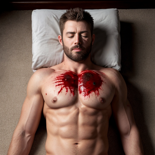 shirtless random man (neighbor, not everyone has 6 pack.), face are hiding by shirt, died already, chest are open wounded circle, blood everywhere, gibs everywhere, ribs are broke in chest, eye closed, floor (on random place like empty place) on corpse body, lying down on floor.