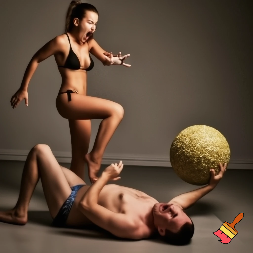                                                                                                               A very attractive woman pulling really hard on a mans balls, attempting to rip them off. Man is naked and laying on the floor, woman in bikini and standing with one foot on his stomach, and the man is screaming
