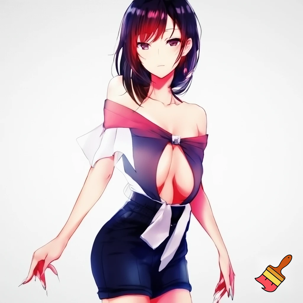 Anime girl 20 years old so cool and cute is dressing a of shoulder dress and it’s very revealing and very cool short black jeans is standing in white screen make is so anime