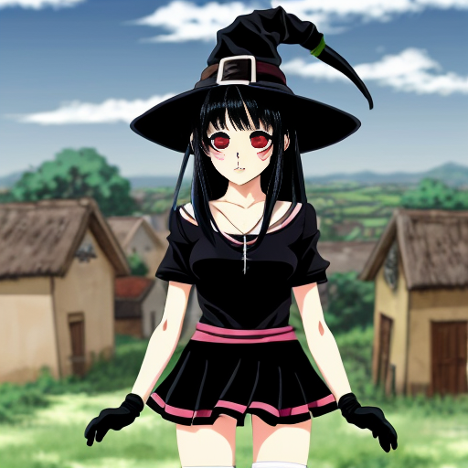 An anime witch girl with black hair, cute face, black eye. She have been abused until she only have broken skirt left. She is 16 year old and height is 1,5m. She is tried to cover her skirt. The background is village with a lot of peopla