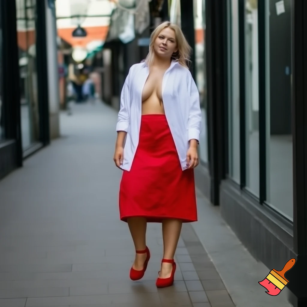 Full-length portrait of a 25-year-old woman with blonde hair, wearing a white blouse, unbuttoned and completely unbuttoned, no bra, revealing one nipple, a knee-length red skirt, and red 12-inch heels, walking down a shopping street.


