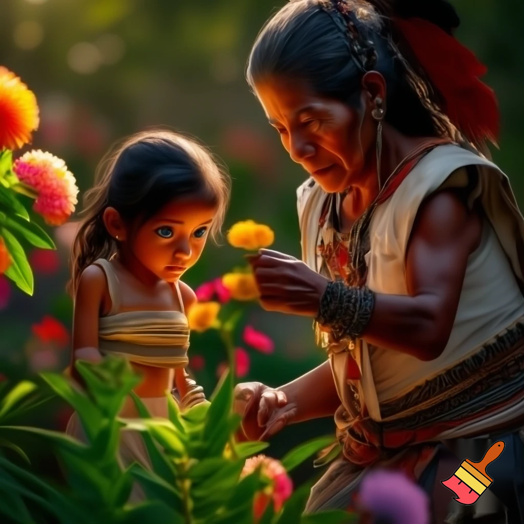 Anient Aztec mother and daughter picking flowers from a garden