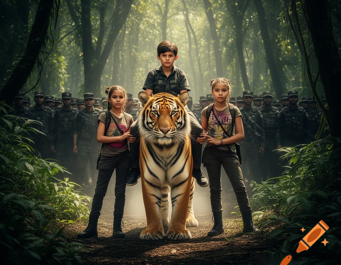 a boy sitting on the tiger in the wild forest in left and right of the him the 2 girls standing, a big army group standing behind him