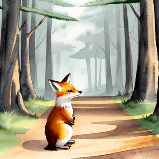 Children’s book watercolor illustration, soft pastel palette, warm magical forest atmosphere.

Andy, a small cute fox cub with bright orange fur, cream belly, fluffy oversized tail and big amber expressive eyes, stands in the Forest of Colors while the animals prepare for the traditional Glowing Path ceremony.

Around him, rabbits, hedgehogs, birds and squirrels decorate a winding forest path with tiny lanterns and flowers. Fireflies begin to gather above the path like floating stars. The trees are tall and colorful, with warm light filtering through the leaves.

Andy looks excited and curious, ears lifted and tail gently swaying.

Style: soft watercolor children’s book illustration, dreamy lighting, cozy magical forest, gentle details, storybook style, soft edges.

Use the reference image of Andy the fox to keep the same character design.