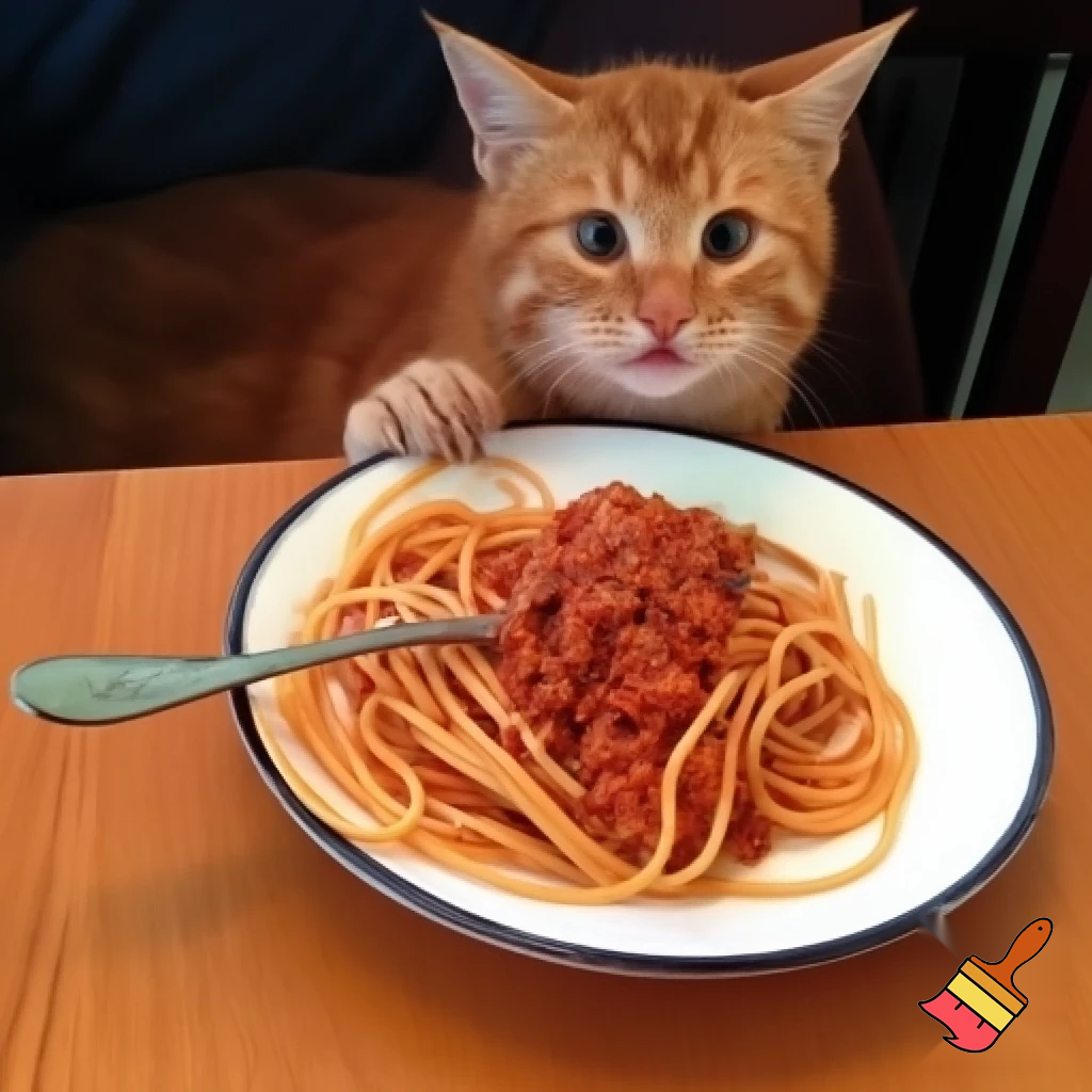 un petit chat roux femelle avec un petit sourire espiegle qui mange dans mon assiette de spaghetti bolognaise a table quand j'ai le dos tourné 