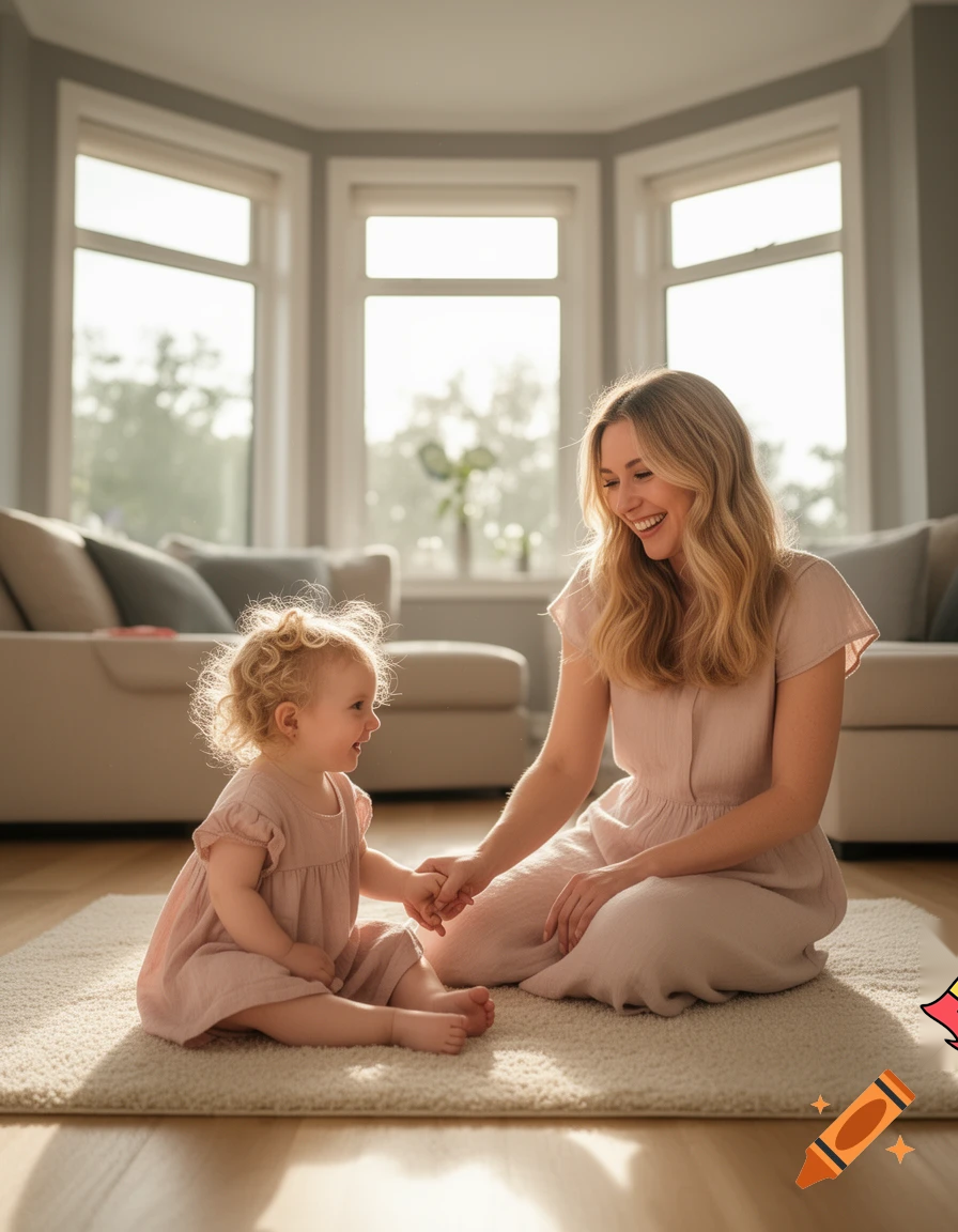 create a girl who is two years old with blonde hair with her mom who is 27years old with dirty blonde hair 