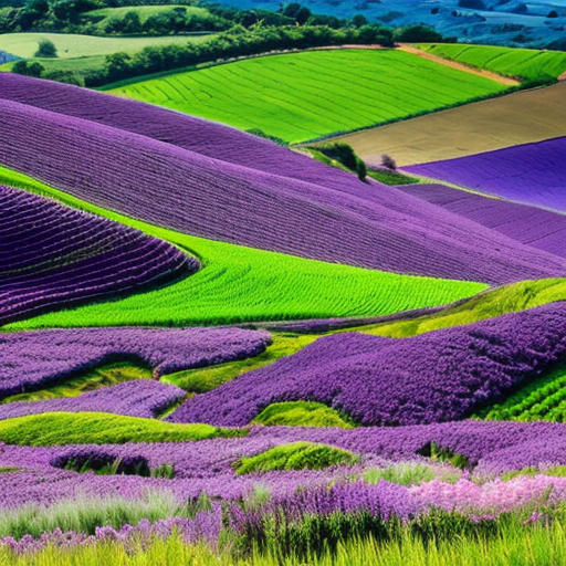 Hills of  purple and green fields and pink and purple flowers




