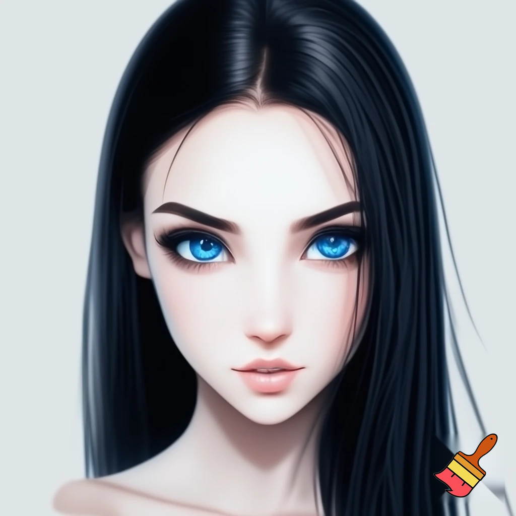 Female long black straight hair , ocean blue eyes, white skin drawing, no make and not realistic and drawing 
