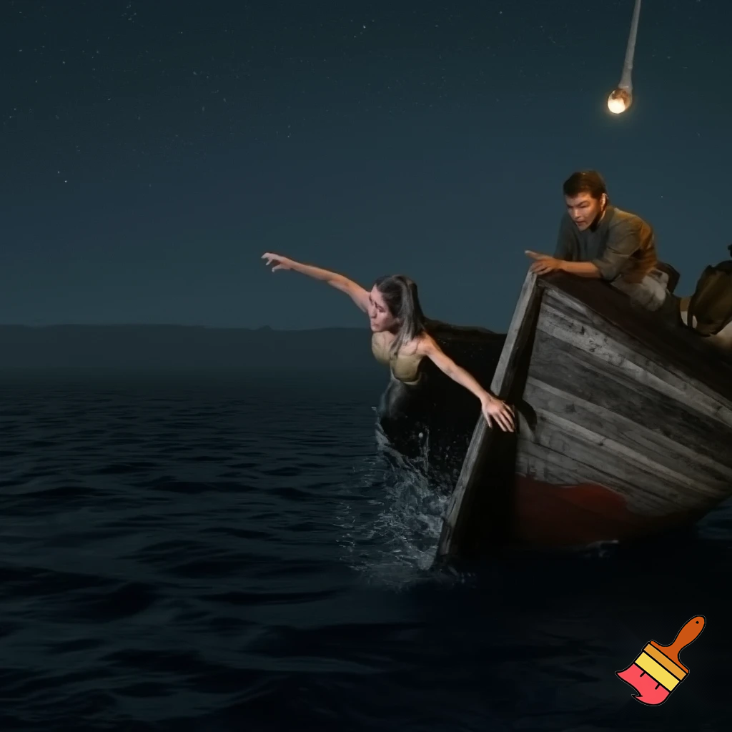 Draw a picture of a night scene of a sinking boat with a girl jumping out of the sinking boat and boarding another boat and another man in the other boat holding the woman's hand and calling her into his other boat.