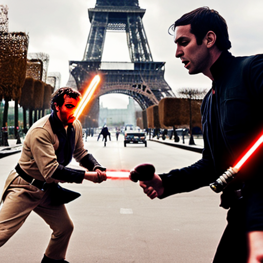 create an image of 2 french painters fighting with bagettes as if they were lightsabers outside of the eifell tower