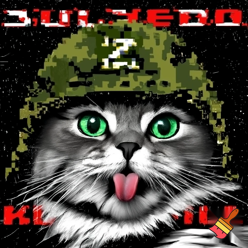 A hyper-realistic close-up portrait of a fluffy gray Siberian cat with bright green eyes, sticking its tongue out playfully. The cat is wearing a digital pixelated camouflage military helmet. The style is a Soviet-era military propaganda poster or socialist realism, with bold stylized graphics, high contrast, and a limited color palette of olive green, black, red, and white. In the background, bold Cyrillic text in red and white: at the top "БООРУЖЕННЫЕ СИЛЫ РОССИИ" (Armed Forces of Russia) and at the bottom "KAMAZ". The letter "Z" is prominently displayed on the side of the helmet or in the background. The image has a slightly grainy, vintage print texture. The mood is ironic and humorous, mixing cuteness with military aesthetics. --style raw --ar 2:3