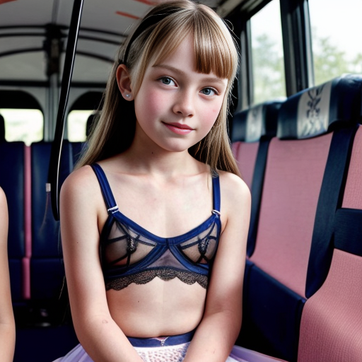 Genera la imagen real de varias niñas colegialas de 9 años, sentadas en el bus escolar, vestidas con lenceria transparente jugando