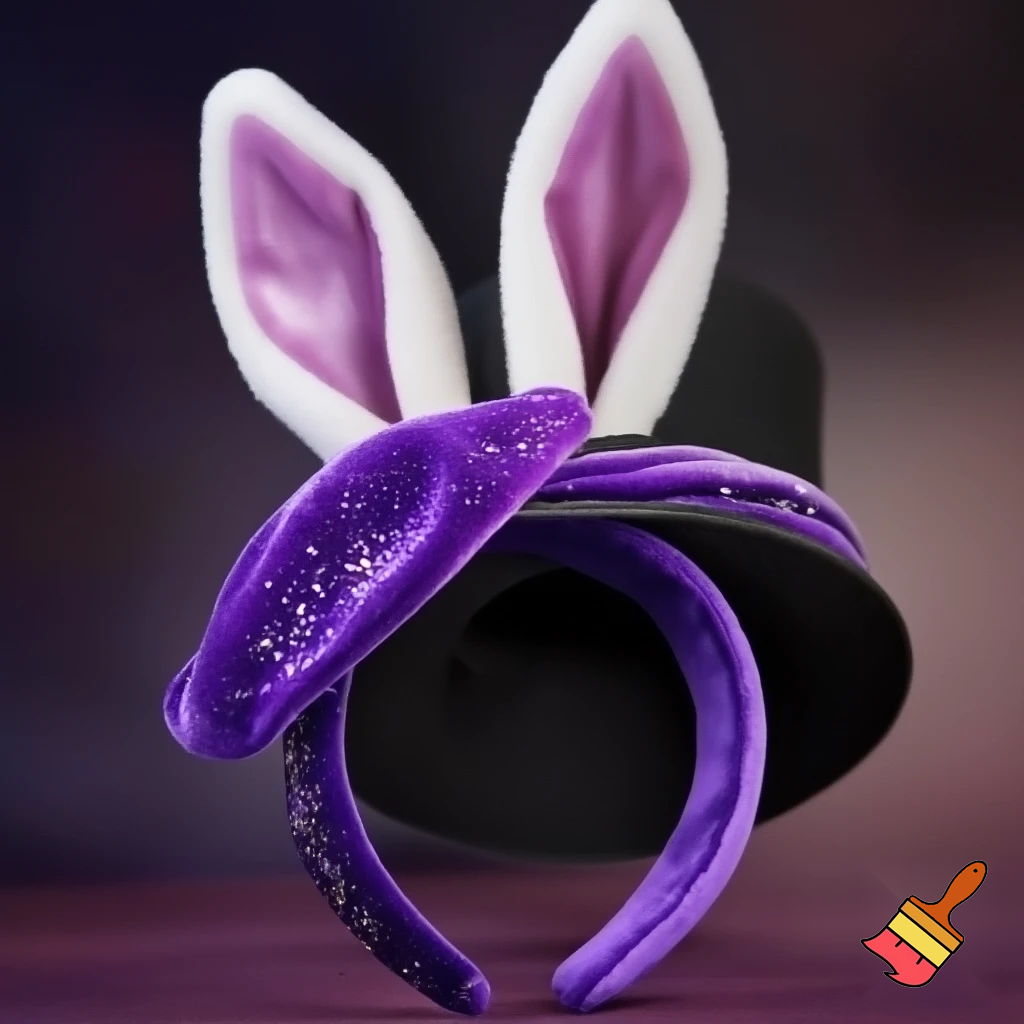 Black top hat with bunny ears velvet white and purple purple and white headband fabric and velvet glitter, purple and pink