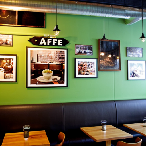 wall of cafe with lots of pictures and decorations