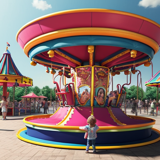 A photorealistic, portrait-oriented image of a vibrant children's amusement park ride, such as a merry-go-round. The scene should be dominated by #FF7F50 orange and blue color scheme. Focus on a close-up or medium shot composition, do not have people in it