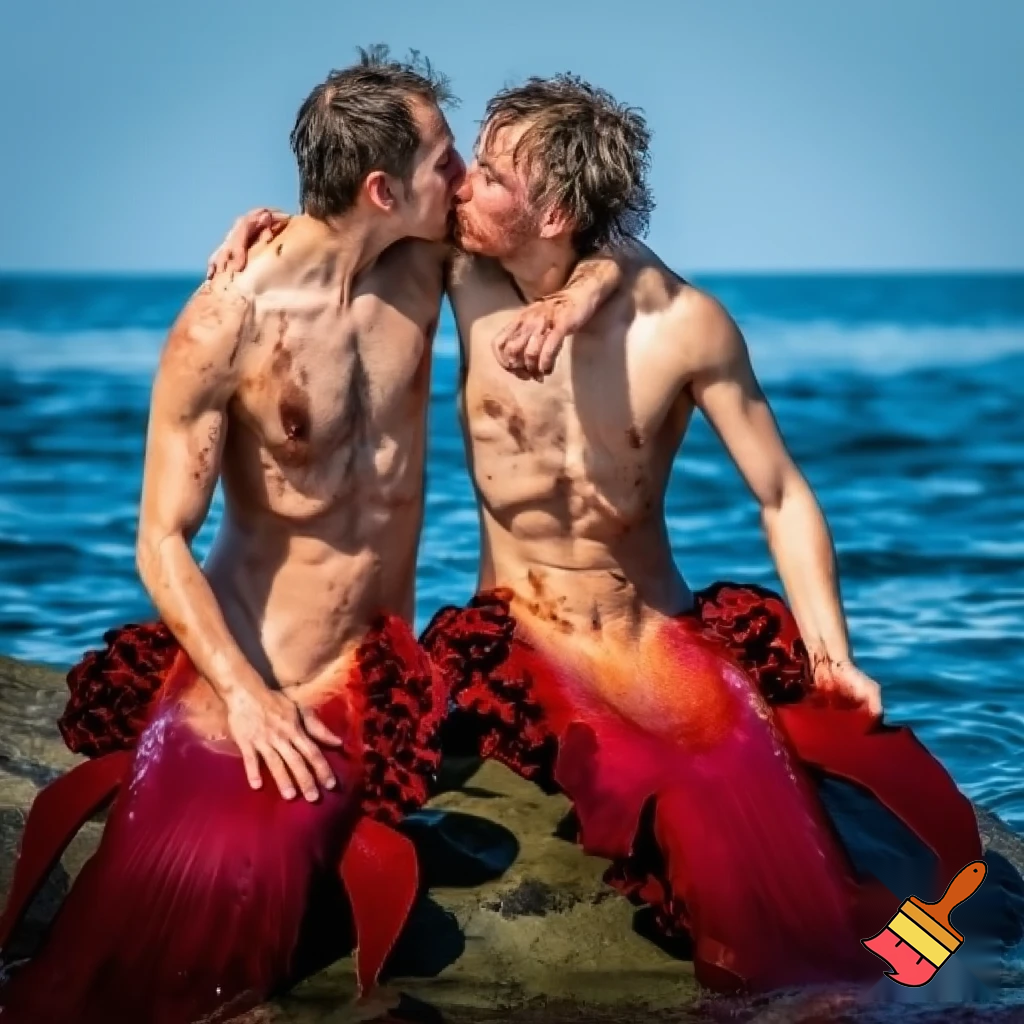 Outdoor photo of realistic shot of two caucasian mermen sitting together on a rock in the middle of the ocean, with one merman having his arm around the other. Their bodies are toned and muscular, with narrow waists and wide shoulders. They have short wet and messy hair. Their bodies are dripping wet. Their waists merge seamlessly into long, deep scarlet fish tails with large frilly fins. They are looking into each others eyes. They are kissing and touching each others chests