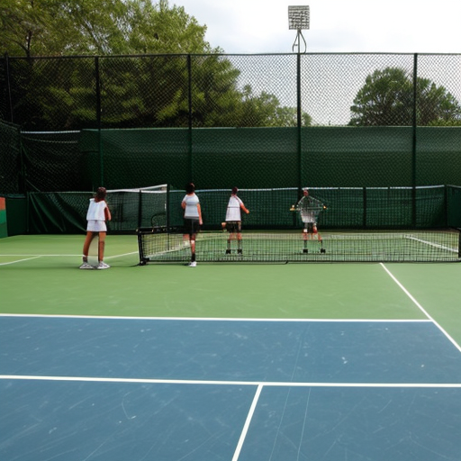 generate a group of poor people thinking on a tennis court.