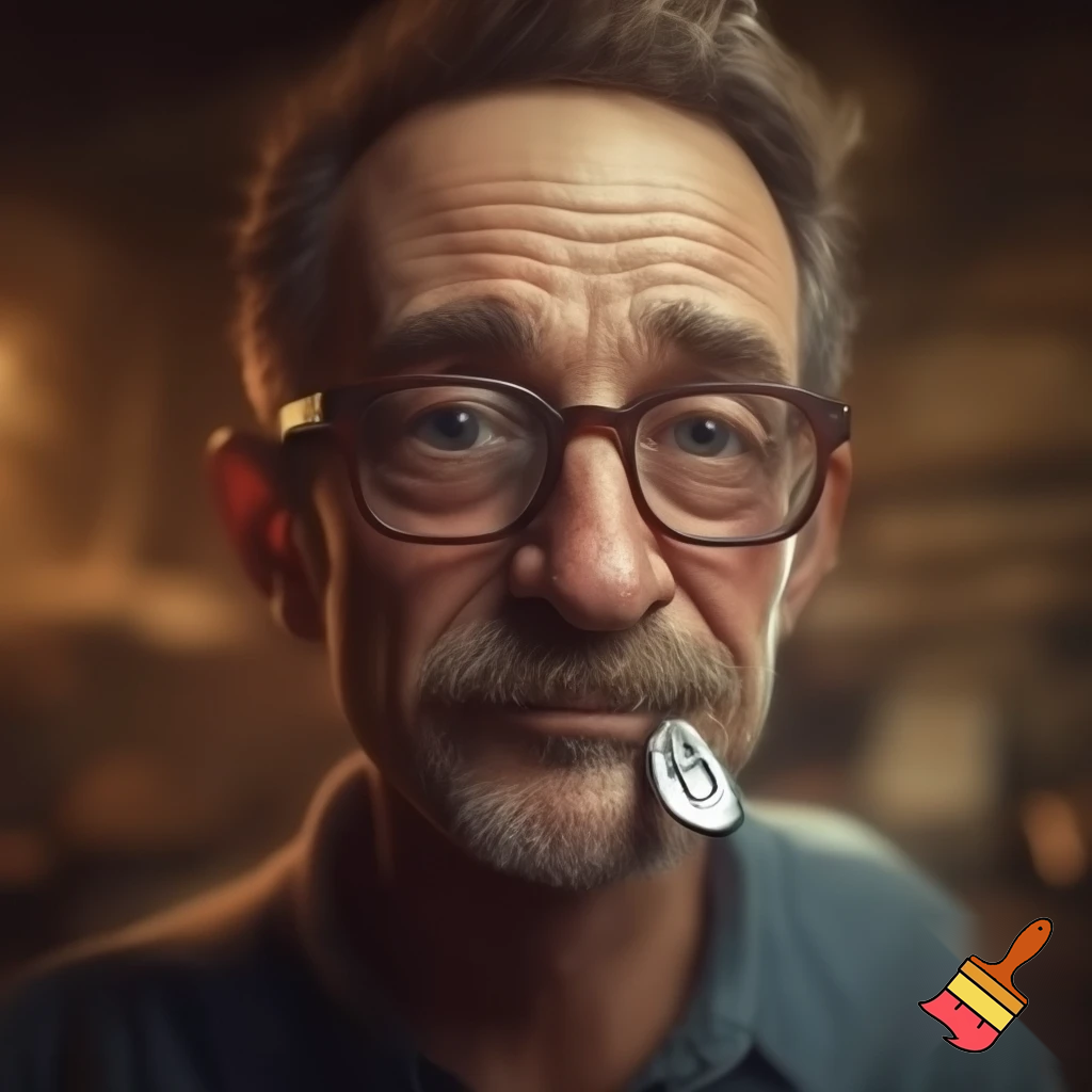 A dad with glasses and a moustache with a pick in his mouth
