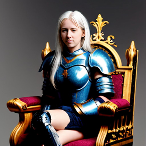 young tall white-haired woman in armor sits on a throne