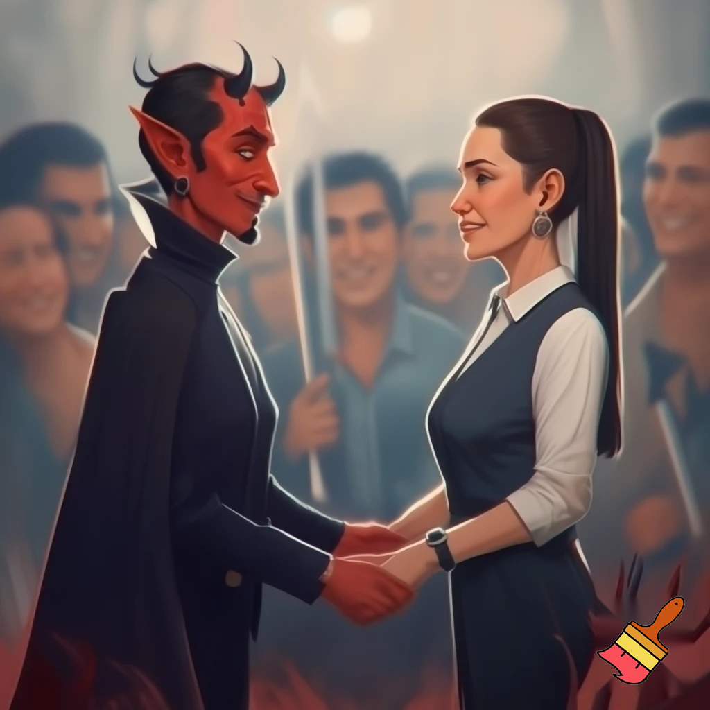 claudia sheinbaum holding hands with the devil and smiling, full body, and deep down people smiling with long weapons