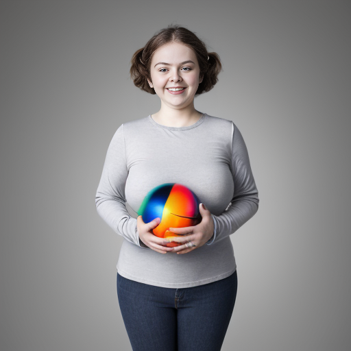 A woman, depicted as a spherical shape inflated like a balloon, is centrally positioned against a light gray background. She is of light complexion, and appears to be a young adult. She is wearing a light teal/grayish-blue, loose-fitting long-sleeved shirt, and dark-wash denim jeans. Her facial expression is slightly happy. Her body is exaggeratedly rounded, forming a sphere, with no visible definition of limbs except hands and feet. The style is surreal and comedic, with a digital or graphic manipulation aesthetic. The lighting is even and diffused, casting no strong shadows. The image is presented from a slightly high-angle perspective, emphasizing the exaggerated spherical form. The overall impression is one of visual humor and artistic distortion 