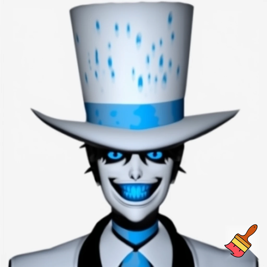 alastor wearing a white tophat with light graident, his suit is white and with light blue graident, his eyes are blue, his skin is white, and his teeth is bright light blue. 