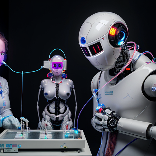 Embryonic test subjects in a dark futuristic nursery lab. Robot scientists conducting experiments on the human embryos. Tubes wires and sensors connected to real human bodies for vital monitoring.