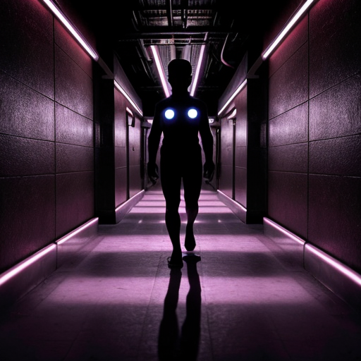 A hyper-realistic liminal space horror scene. A towering, multi-legged shadow entity with a giant, toothy vertical mouth stands in a claustrophobic corridor. The walls are lined with glowing purple fluorescent lights reflecting off a wet, slimy checkered floor. Body horror, analog horror aesthetic, high detail, scary, dark photography.