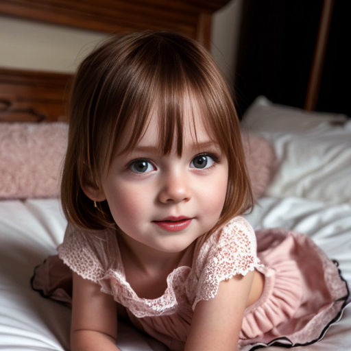 finnish little girl at night dress, very beautiful and eager, long auburn hair, on the bedroom, close up
