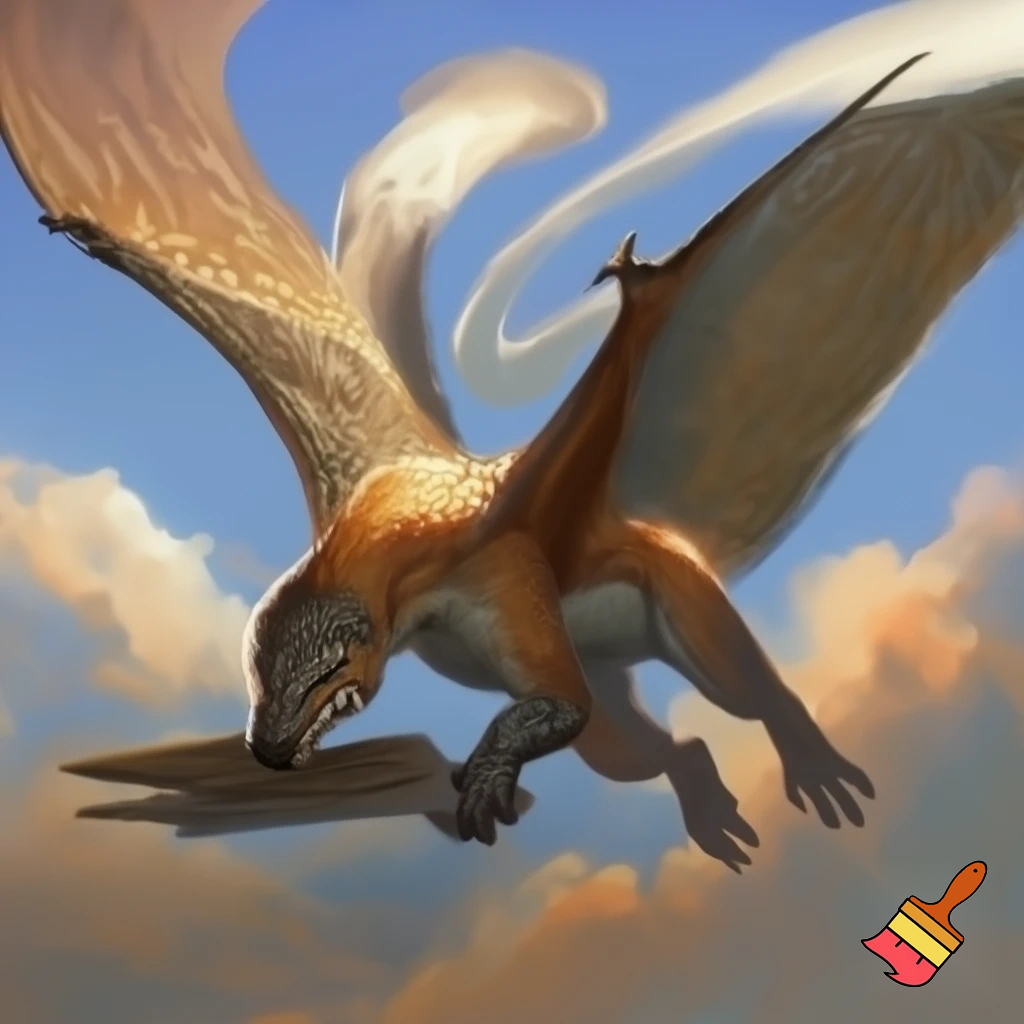 Half fox half komodo Dragon flying clinching a board