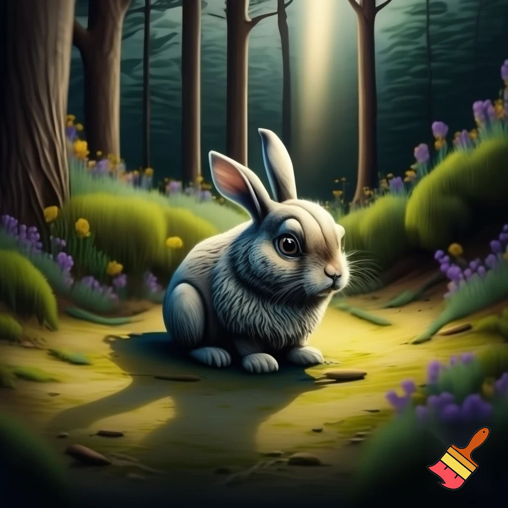 Cartoon style illustration of a small, sad rabbit sitting alone on the forest floor with teary eyes, looking lonely and scared. A vibrant, colorful forest background with trees, sunlight filtering through leaves, flowers, and bushes. Make it emotional and storybook-like, rabbit is the same character as in following scenes, no fox yet