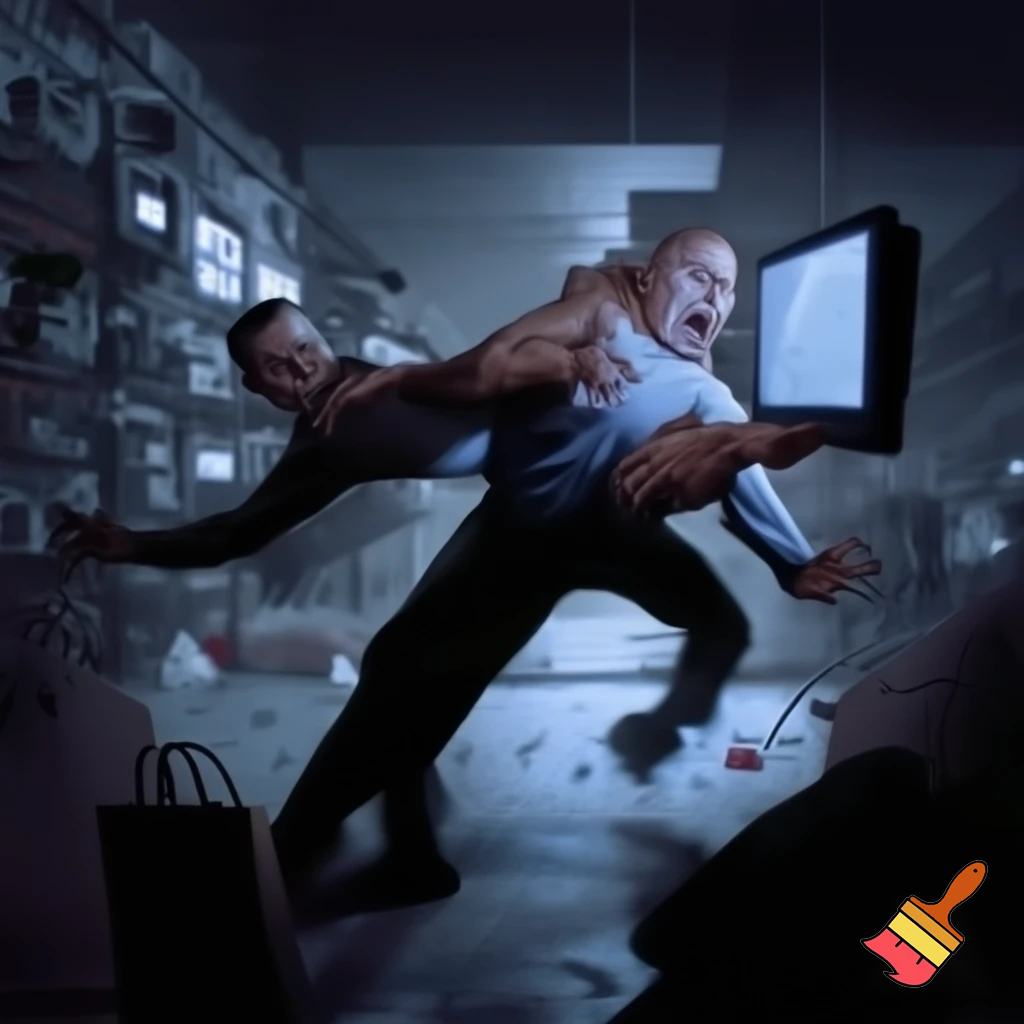 bald man fighting a man over a tv on black friday
