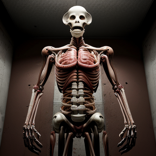 Hyperrealistic forensic/body-horror photograph, ultra-detailed 8k cinematic still, industrial meat-processing corridor or abandoned surgical facility with bright harsh fluorescent overhead lights and cold blue-white glow, reflective stainless steel walls and grated metal floor covered in pools of congealed blood and viscera, thick clusters of organic fleshy tubes/pipes (veiny meat tentacles fused with rusted metal pipes) running along ceiling and walls dripping blood and slime, central figure is a massive grotesque biomechanical abomination fused to a metal chair/gurney, humanoid torso with pale waxy skin split open exposing raw red muscle cavities and exposed organs, screaming open mouth with elongated jaw, multiple crimson fleshy tentacles/horns/antlers sprouting from head like parasitic growths, foam/froth around mouth and neck, lower body grotesquely elongated and segmented like stitched-together limbs wrapped in bloody ropes/cables, open abdominal cavity revealing nested smaller fleshy mutant forms inside, surrounded by rows of glass/metal-framed enclosures on both sides containing dozens of smaller deformed humanoid mutants, flayed skinless bodies, tumorous growths, missing limbs, exposed muscle and bone, all in various states of mutilation and fusion to pipes/walls, blood splatters, meat chunks, pus, and bodily fluids everywhere, wet glossy textures, realistic skin pores veins capillaries glistening moisture, practical special effects makeup style, shot on Arri Alexa 65 with 50mm anamorphic lens, shallow depth of field sharp focus on central abomination's face and torso, volumetric god rays through fog and steam, HDR, grainy 35mm film emulation, raw documentary horror style, no cartoon stylization, pure photorealism --ar 16:9 --stylize 100-150 --q 2 --v 6 (adjust params for your generator)